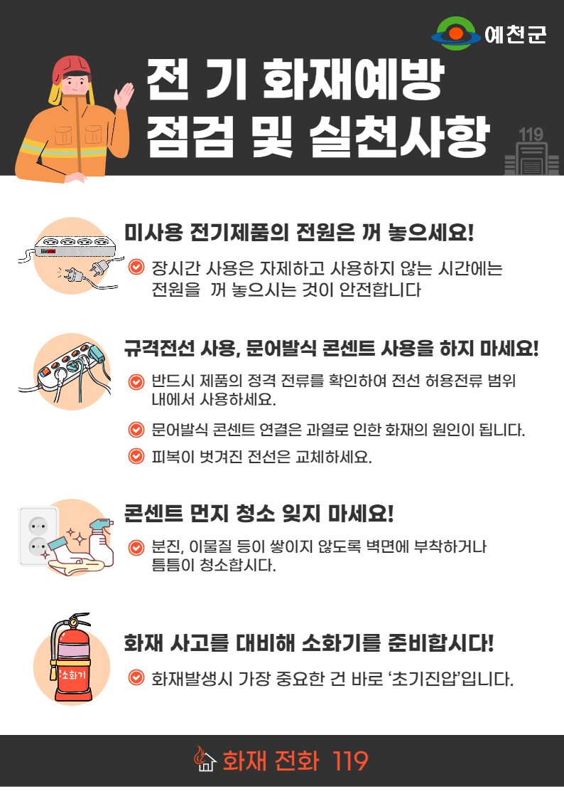 1.우리가 일상에서 할 수 있는 전기 화재예방 점검 및 실천사항을 알아볼까요?